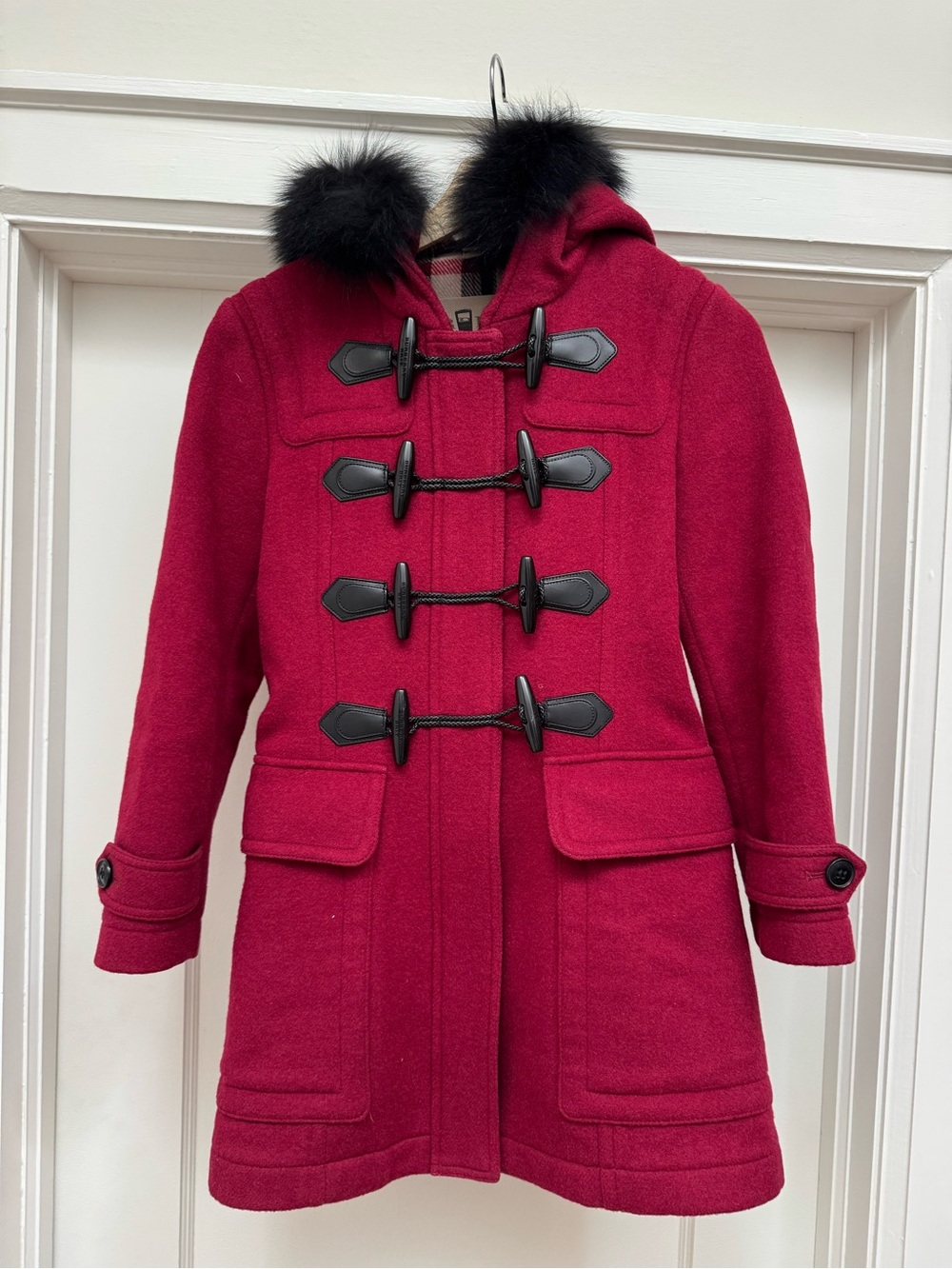 Burberry Brit | Womens Red Toggle Wool Hooded Coat with Faux Fur Trim